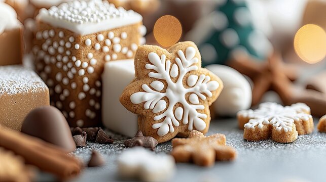 A close-up shot of various festive Christmas cookies, including snowflake-shaped gingerbread and square iced cookies, artfully arranged with chocolate chips and - Powered by Adobe
