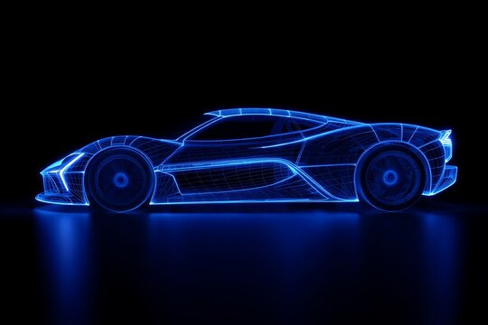 Blue glowing wireframe racecar blueprint presents futuristic automotive design with digital engineering details, holographic lines, aerodynamic structure, and high-tech visualization on a dark reflect - Powered by Adobe