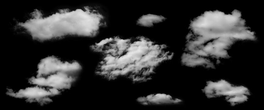 White clouds on a black background, perfect for effects, digital overlays and graphic design projects that require natural cloud textures and atmospheric elements.
