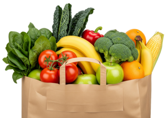 Fresh produce overflowing from reusable grocery bag inspires healthy eating, vibrant living, farm-to-table freshness, and sustainable shopping habits now