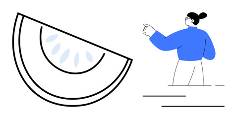 Woman in blue outfit pointing to the right beside a simplistic drawing of a fruit slice. Ideal for leadership, direction, guidance, freshness, health, minimalism, growth. Simple flat metaphor