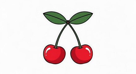 Vibrant illustration of two ripe cherries with green leaves, fresh and delicious.
