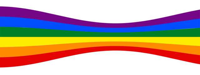 Rainbow pride flag background with flowing wavy stripes. Vector banner features curved LGBT ribbon lines in vibrant spectrum colors. Inclusive diversity poster template with abstract stripe motifs.