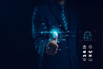 A business professional using biometric fingerprint authentication with digital security icons representing cybersecurity data protection secure access fintech safety and modern identity verification