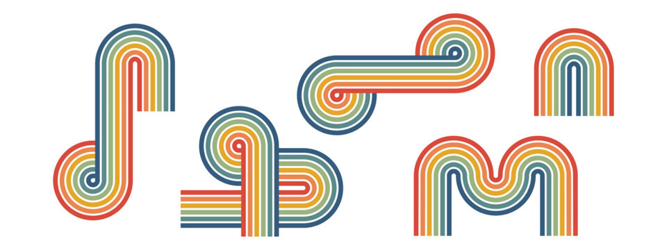 Retro rainbow stripes create a groovy 70s background with wavy lines and vibrant colors. Perfect vintage path design with playful psychedelic rainbow curves and abstract flow.