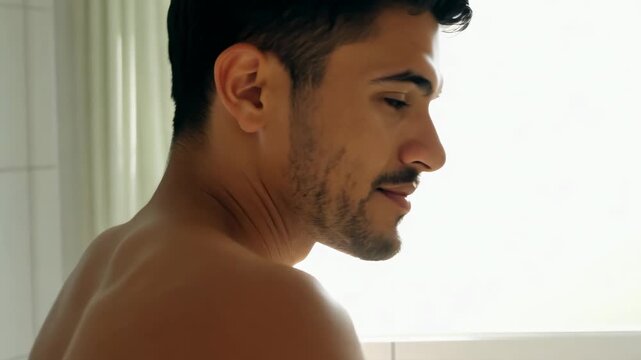 30 year old Caucasian man in bathroom looking at camera and smiling. Body and skin care concept. Smiling man looks directly at camera, highlighting his skin and body care routine.
