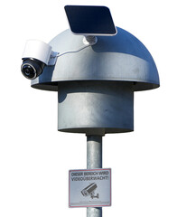 a modern security camera with solar panel mounted on a gray lamp post with a warning sign