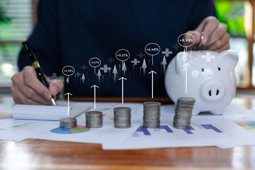 A financial growth concept showing stacked coins, rising investment returns, and smart savings with a piggy bank, representing wealth management, money planning, and long-term financial success.