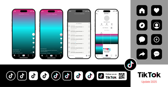 Tiktok. Tik tok mobile App interface template. Tiktok mockup social media template. mobile app interface template on social network. Tiktok Home, User, activity template