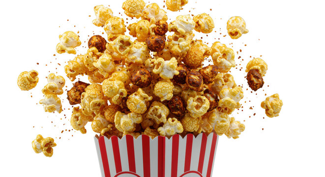 Golden, buttery popcorn kernels and dark savory pieces exploding from a red and white cinema box, detailed texture on transparent, dramatic cinematic lighting, high-energy snack concept