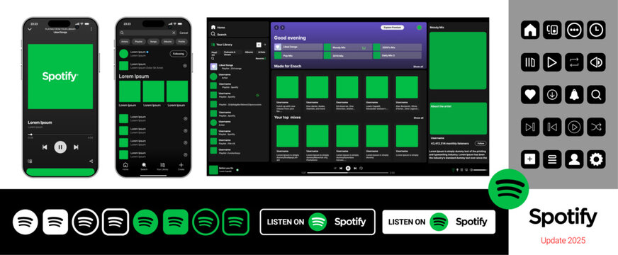 Spotify interface. Social media pages mockup template. Editorial mockup of Spotify interface. Music platform. Spotify music platform interface mockup. White background. Vector icons.