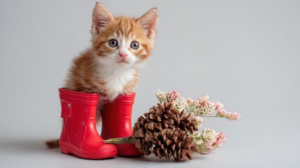 Ginger kitten sitting in red boots with pine cone and floral arrangement