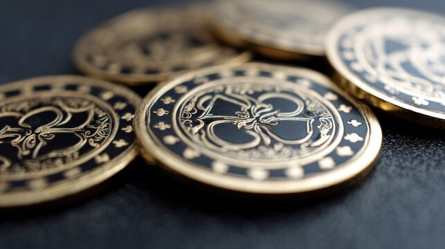 Gold coins with intricate details on transparent background close up shot