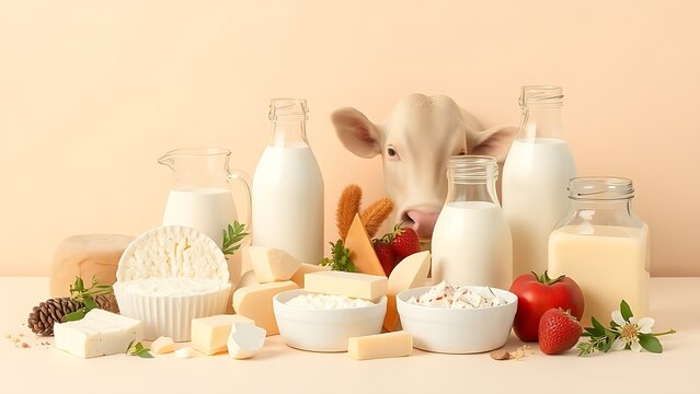 casein. Fresh dairy products neatly arranged under soft lighting with a clean pastel background. menu design, packaging mockups, designed for food delivery and cloud-kitchen brand materials.