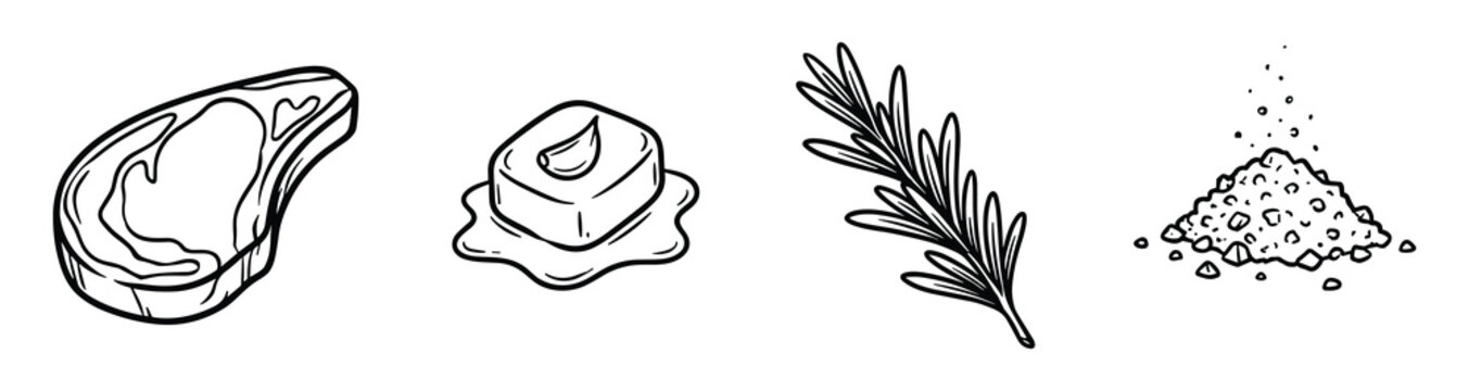 Steak dinner ingredients set. Steak, garlic butter, rosemary, and sea salt hand drawn sketch.