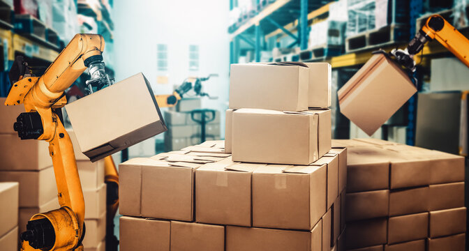 Smart robot arm system for innovative warehouse and factory digital technology . Automation manufacturing robot controlled by industry engineering using IOT software connected to internet network .