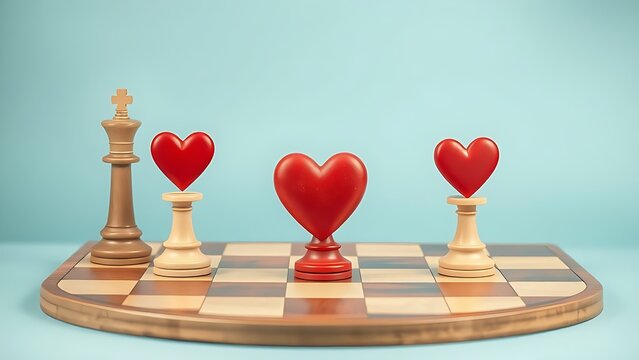 chessboard. Symbolic chessboard with heart-shaped pieces at varied positions, depicting romantic timing dynamics. wellbeing guides.