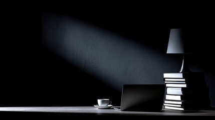 Desk with lamp, books, laptop, and coffee illuminated by dramatic light.