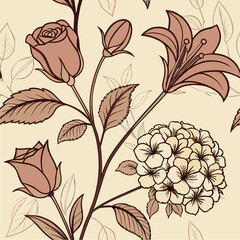 seamless pattern featuring roses, tulips, camellias, and hydrangeas