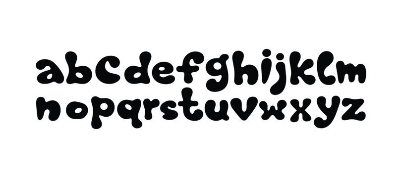 Whimsical bubble alphabet. Soft rounded lowercase letters. Playful font for children's designs. Fun typography.