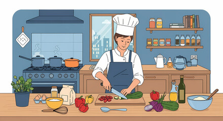 A professional illustration of a male chef in a hat and apron standing in a kitchen, chopping vegetables and preparing a meal on a wooden counter with spices and utensils visible.