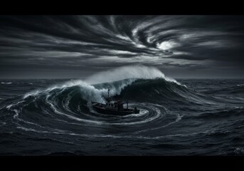 Dark storm clouds hang over the turbulent ocean waves as the sky and sea meet at the distant horizon