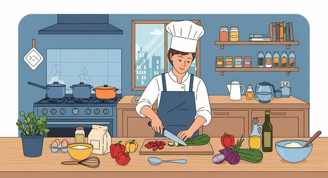A professional illustration of a male chef in a hat and apron standing in a kitchen, chopping vegetables and preparing a meal on a wooden counter with spices and utensils visible. - Powered by Adobe