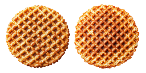 Caramel stroopwafel with crisp texture shown from top view isolated on white background representing sweet snack concept