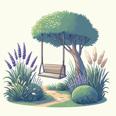 Whimsical Garden with Lavender and Tree Swing
