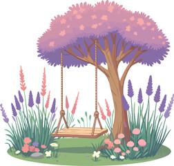 Whimsical Tree Swing in a Lavender Garden