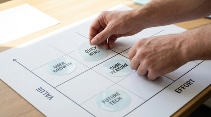 Business market fit and digital marketing recruitment management strategy planning with hands placing priority tasks on value effort chart