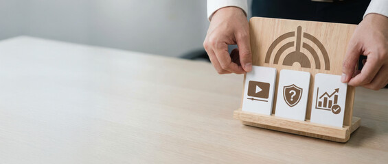 Business market fit and digital marketing recruitment management concept with hands holding cards on wooden stand for success