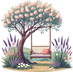 Whimsical Garden Swing Under a Pink Blossom Tree