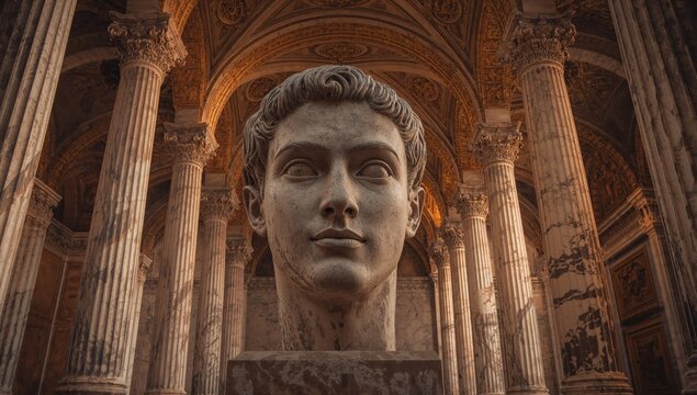Marble Head Among Columns. An Ancient Echo, A Study in Texture and Light.
