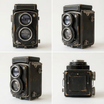 Set of Four Twin-Lens Reflex Cameras Showing Vintage Film Photography Gear and Classic Medium-Format Camera Design