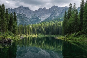Mountain lake framed by forest, reflection. Dramatic sky
