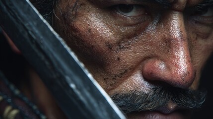 Close-up of a strong Japanese swordsman with an intense expression, sharp jawline, 