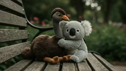 Plush toys of koala and emu on a park bench