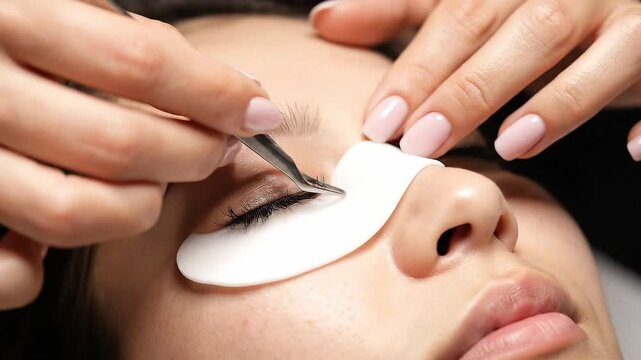 Female esthetician&rsquo;s hands performing an eyelash lifting treatment on a woman, 4k video