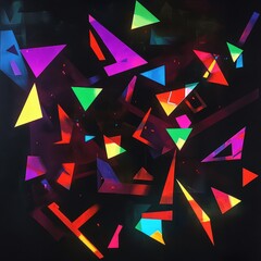 Deep shadowy backdrop highlighted by luminous geometric fragments in multiple neon hues