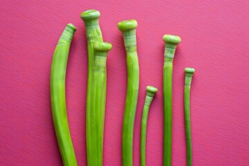 Green Bamboo Stalks Arranged on a Pink Background
