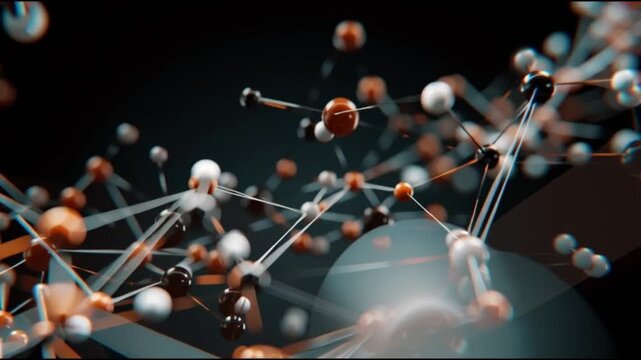 Drug discovery AI. Molecular modeling. Protein structure. Biotech. Biopharma. Genomics. virtual labs. medical research. Abstract representation of molecular structures in a dynamic arrangement.