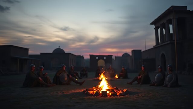 garrison. Ancient Roman military camp at dusk with soldiers by campfires. event programs, museum guides, designed for cultural heritage projects and event programs, preserves heritage.