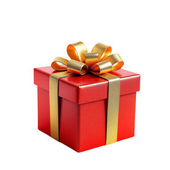 Red gift box with shiny golden ribbon and bow neatly wrapped and isolated on white background