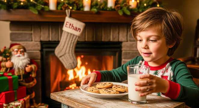 A young boy in Christmas pajamas enjoying milk and cookies by a cozy fireplace decorated for the holidays.