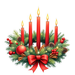 Five red candles lit and arranged in wreath with pine branches berries pinecones cinnamon sticks and ribbon on white background