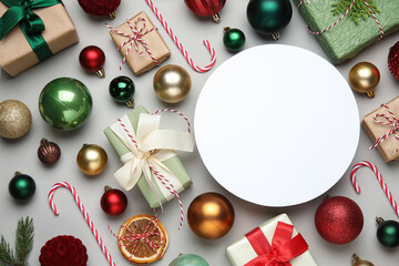 Blank card with Christmas balls, gift boxes and candy canes on grey background