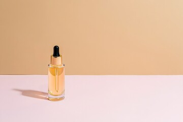 Luxury Face Serum in Gold Dropper Bottle on Pink Background