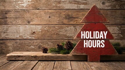 A rustic red wooden Christmas tree sign announcing Holiday Hours for a business, store, or office on a vintage wood plank background