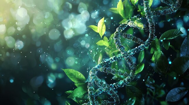 A DNA strand with green leaves and a blurred background.